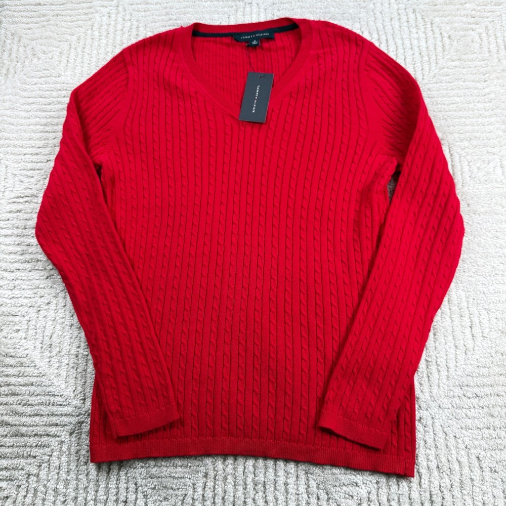 Tommy Hilfiger Cable Knit Sweater Womens Medium Red Preppy Classic Cotton NWT